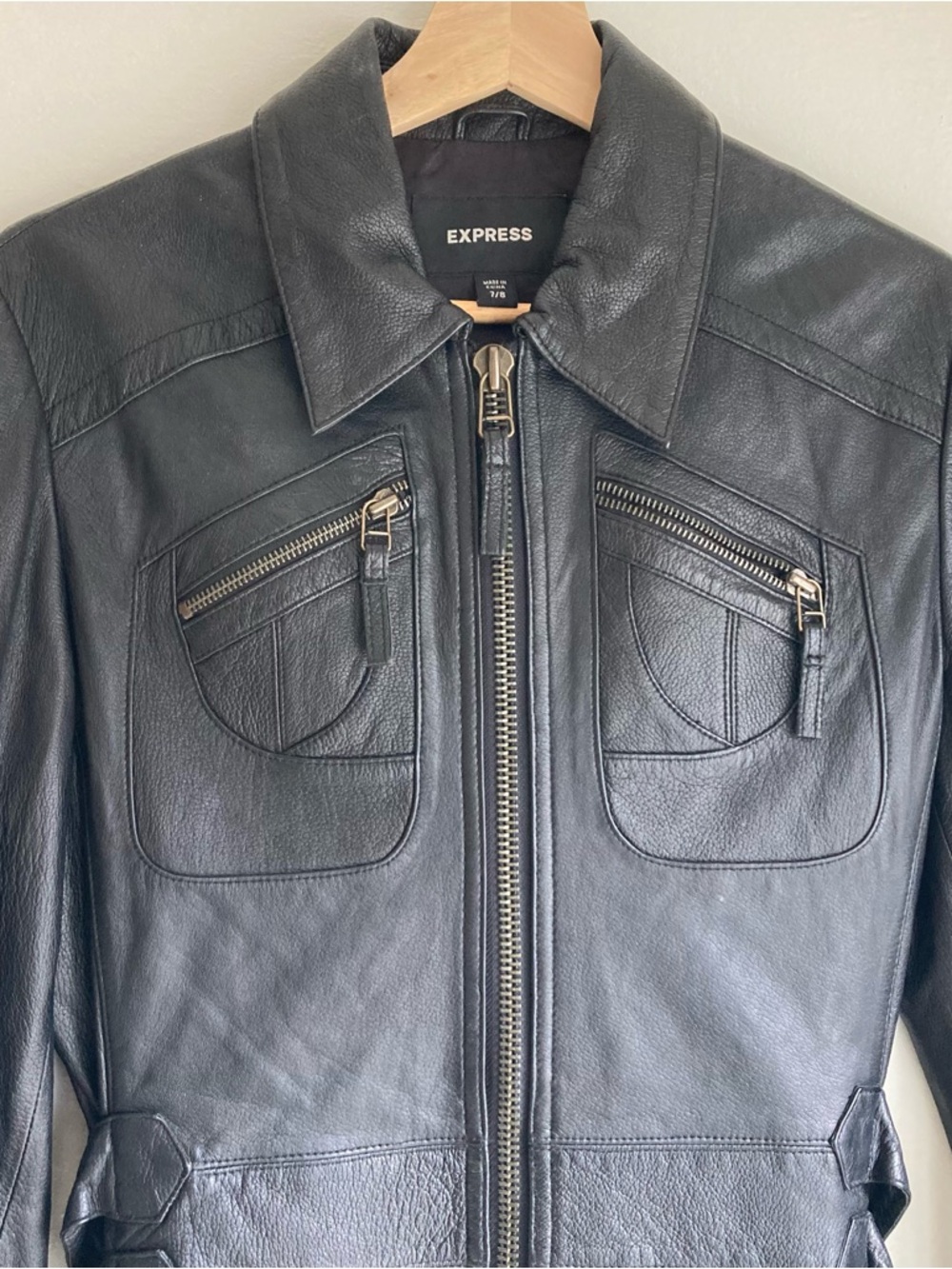 Express Black Genuine Leather Zip Trench with Brass Hardware